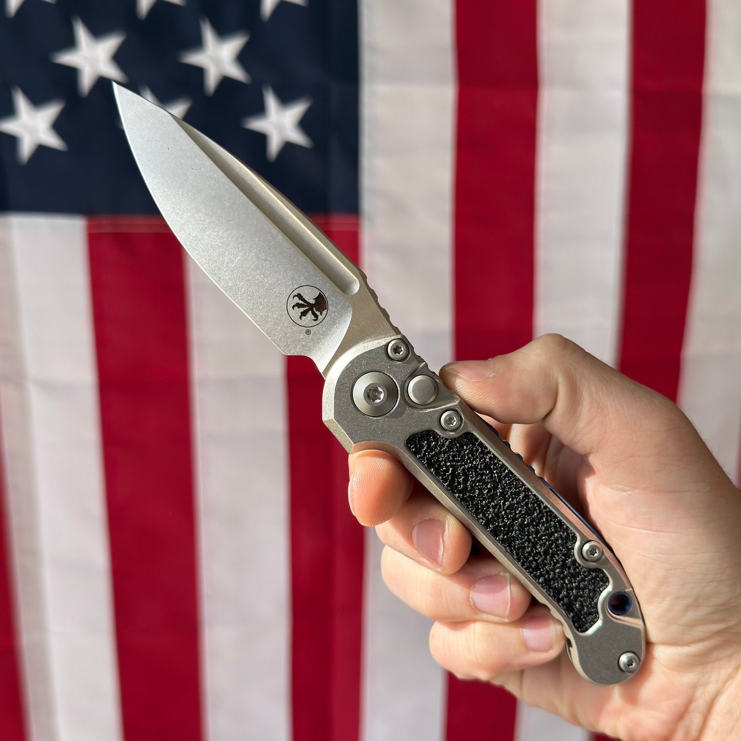 Microtech Marfione Select L.U.D.T. Knife – 3.5” Drop Point Blade, Titanium Handle with Textured Inlay, Stonewash Finish – Made in USA (1135-10MS4)