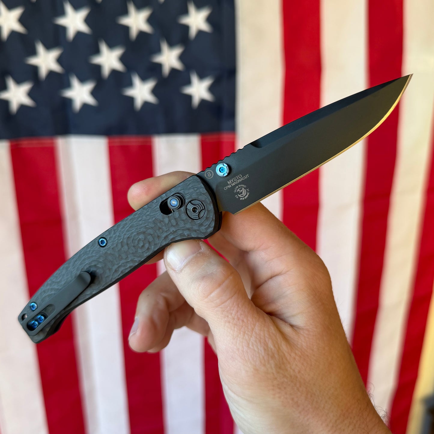 Hogue Mysto (Collector Series) 3.4″ Drop Point Knife, Carbon Fiber Handle with Blue Tritium Insert, Black Cerakote Blade, Made in USA (24492-LIM)