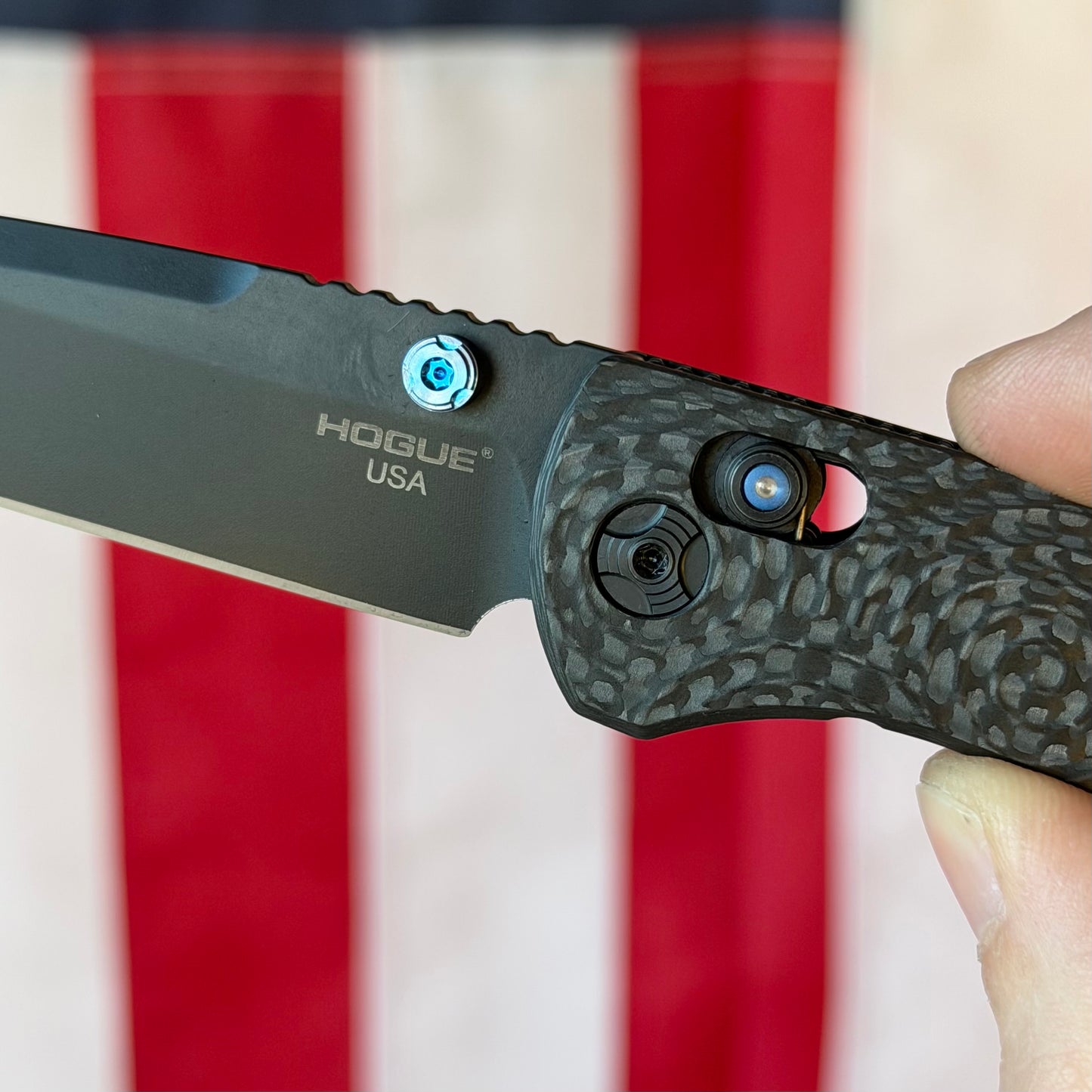 Hogue Mysto (Collector Series) 3.4″ Drop Point Knife, Carbon Fiber Handle with Blue Tritium Insert, Black Cerakote Blade, Made in USA (24492-LIM)