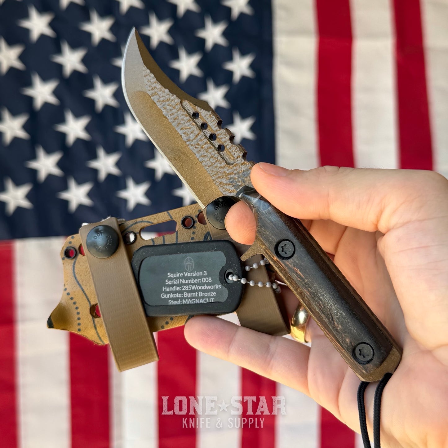 Severed Metal Works Squire V3 3.3" Fixed Blade, MagnaCut, 285Woodworks Handle, Burnt Bronze Gunkote, Serial 008 - Made in USA (SMW-SQUIREV3-008)