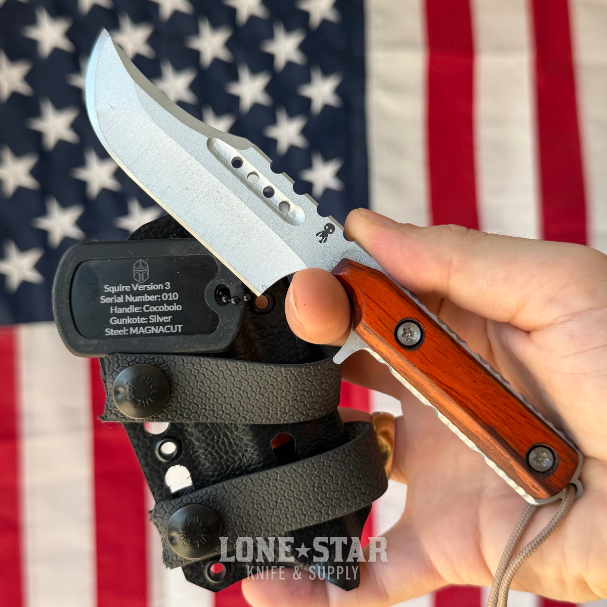 Severed Metal Works Squire V3 3.3" Fixed Blade, MagnaCut, Cocobolo, Silver Gunkote, Serial 010 - Made in USA (SMW-SQUIREV3-010)