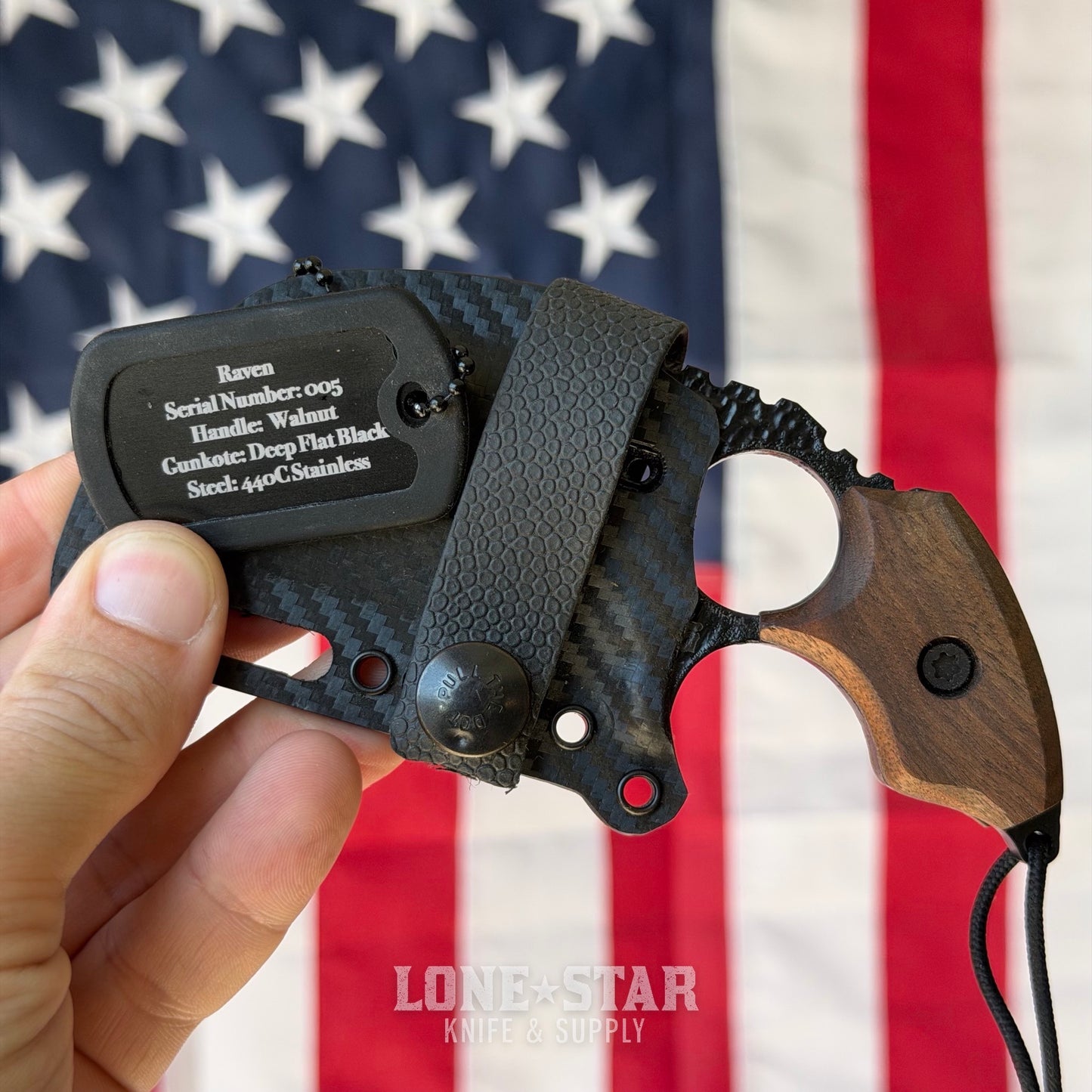 Severed Metal Works Raven Karambit 2.5" 440C, Walnut, Deep Flat Black Gunkote, Serial 005 - Made in USA (SMW-RAVEN-005)