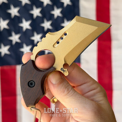 Severed Metal Works Raven Karambit 2.5" 440C, Wenge, Pale Gold Gunkote, Serial 007 - Made in USA (SMW-RAVEN-007)