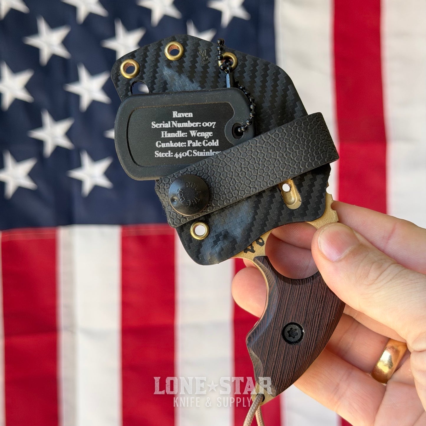 Severed Metal Works Raven Karambit 2.5" 440C, Wenge, Pale Gold Gunkote, Serial 007 - Made in USA (SMW-RAVEN-007)