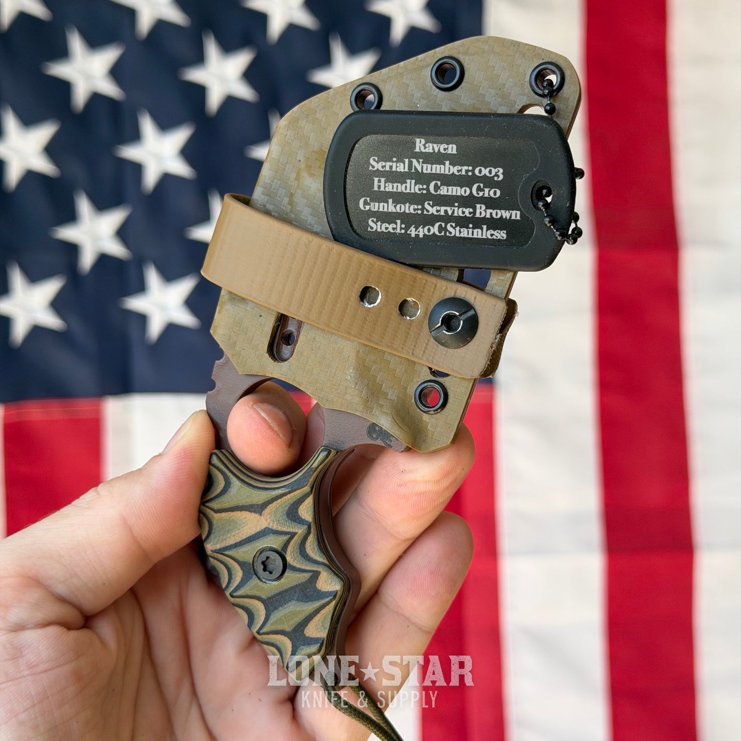 Severed Metal Works Raven Karambit 2.5" 440C, Camo G10, Service Brown Gunkote, Serial 003 - Made in USA (SMW-RAVEN-003)