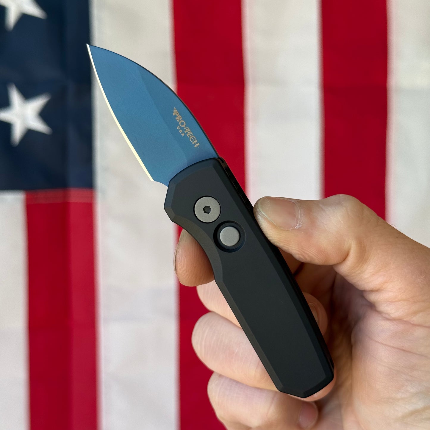 Pro-Tech Runt 5 Denim Automatic Knife, Solid Black Aluminum Handle, Denim PVD MagnaCut Wharncliffe Blade, 2″ Blade, Made in USA (R5303-DENIM)