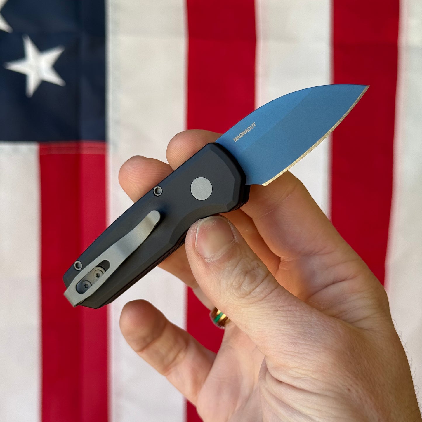 Pro-Tech Runt 5 Denim Automatic Knife, Solid Black Aluminum Handle, Denim PVD MagnaCut Wharncliffe Blade, 2″ Blade, Made in USA (R5303-DENIM)