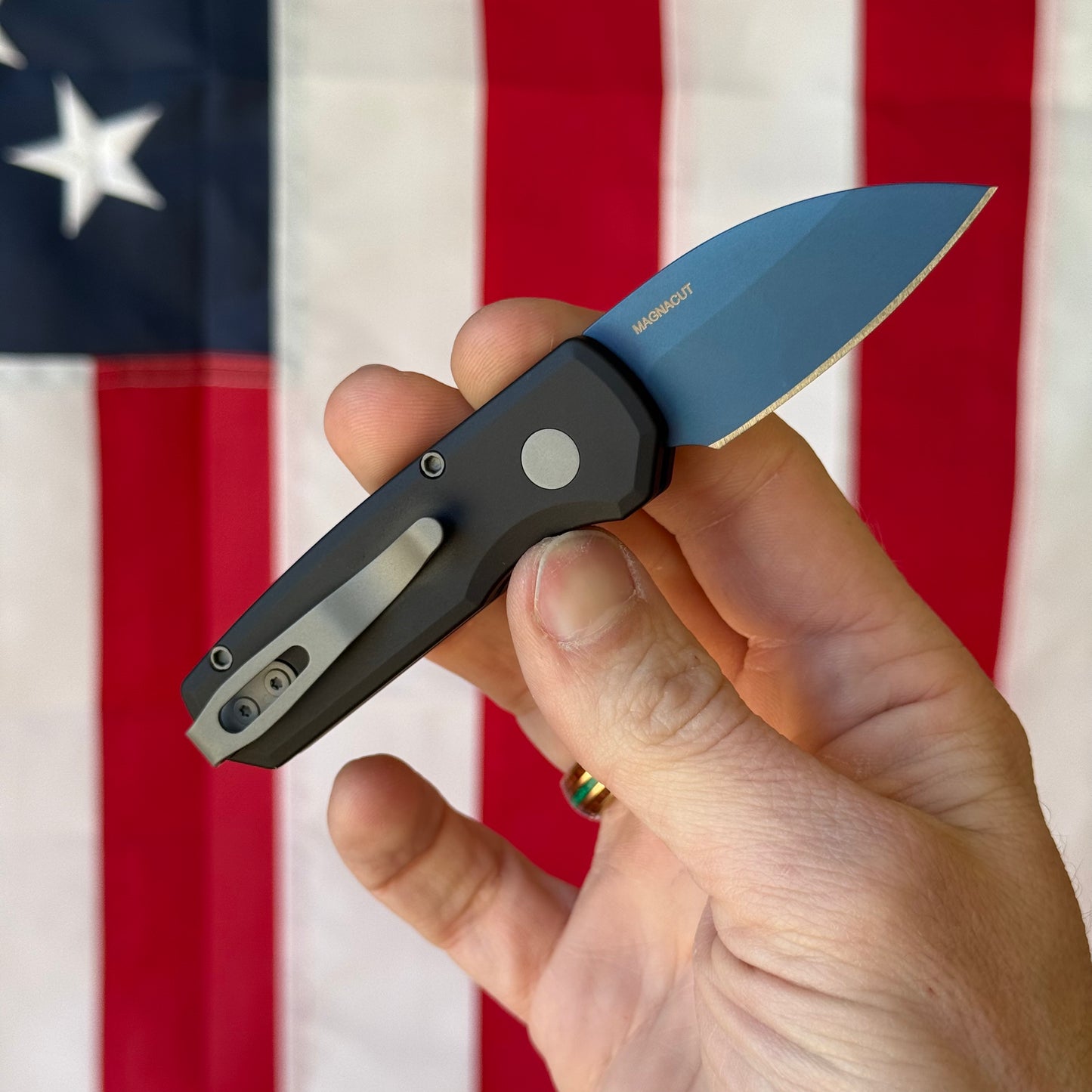 Pro-Tech Runt 5 Denim Automatic Knife, Solid Black Aluminum Handle, Denim PVD MagnaCut Wharncliffe Blade, 2″ Blade, Made in USA (R5303-DENIM)