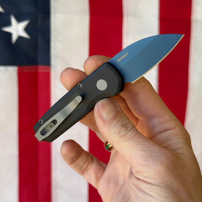 Pro-Tech Runt 5 Denim Automatic Knife, Solid Black Aluminum Handle, Denim PVD MagnaCut Wharncliffe Blade, 2″ Blade, Made in USA (R5303-DENIM)