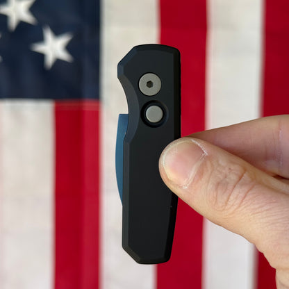 Pro-Tech Runt 5 Denim Automatic Knife, Solid Black Aluminum Handle, Denim PVD MagnaCut Wharncliffe Blade, 2″ Blade, Made in USA (R5303-DENIM)