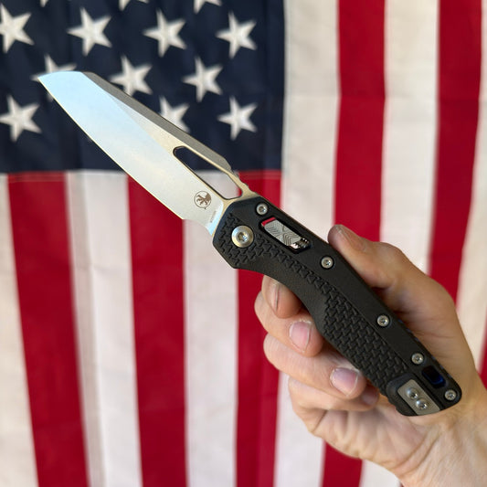 Microtech MSI Ram-Lok Tri-Grip Black Knife, 3.8″ Sheepsfoot M390MK Blade, Blue Backspacer – Made in USA (MCT210T-10PMBKA1)