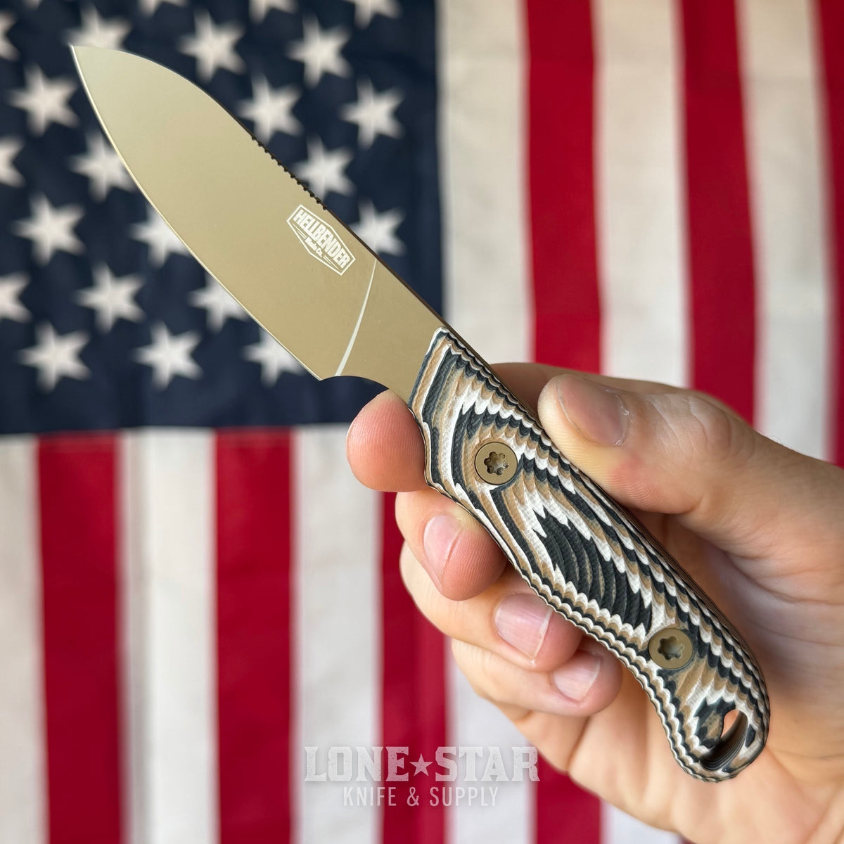 Hellbender Ranch Hand, 3.0" CPM-MagnaCut Sheepsfoot, Coyote Cerakote, Multicolored G10, Leather Sheath, Made in USA (HB-RANCHHAND-COY-TRI-LTHR)