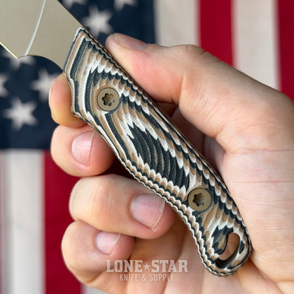Hellbender Ranch Hand, 3.0" CPM-MagnaCut Sheepsfoot, Coyote Cerakote, Multicolored G10, Leather Sheath, Made in USA (HB-RANCHHAND-COY-TRI-LTHR)