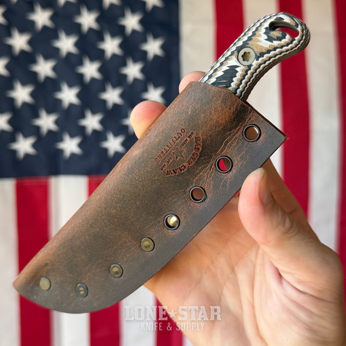 Hellbender Ranch Hand, 3.0" CPM-MagnaCut Sheepsfoot, Coyote Cerakote, Multicolored G10, Leather Sheath, Made in USA (HB-RANCHHAND-COY-TRI-LTHR)