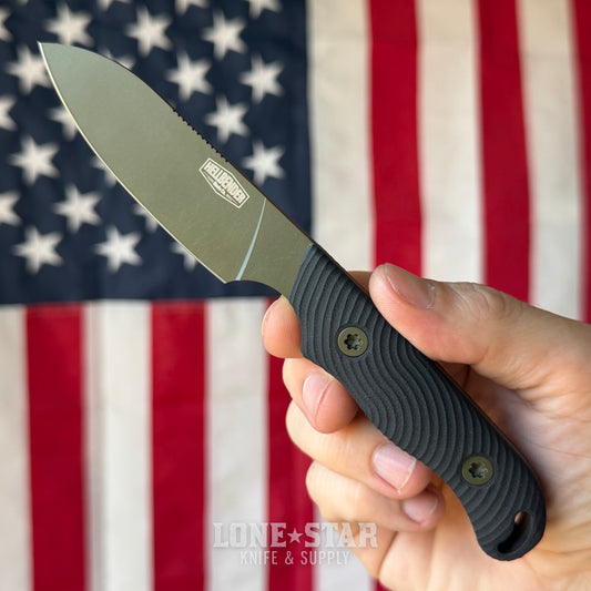 Hellbender Ranch Hand, 3.6" CPM-MagnaCut Sheepsfoot, OD Green Cerakote, Black G10, Leather Sheath, Made in USA (HB-RANCHHAND-OD-BLK-LTHR)