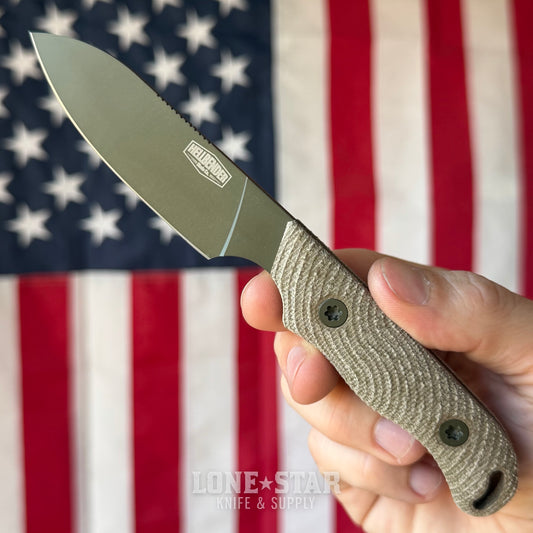 Hellbender Ranch Hand, 3.6" CPM-MagnaCut Sheepsfoot, OD Green Cerakote, OD Green Micarta, Leather Sheath, Made in USA (HB-RANCHHAND-OD-OD-LTHR)
