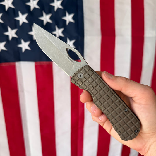 McNees Frag Dixon Frame Lock Knife, Bronze Anodized Titanium, Atomic Stonewash MagnaCut Blade – Made in USA (2366)