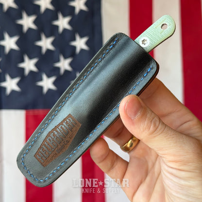 Hellbender Blade Co. Newt 2" Fixed Blade, Satin MagnaCut Sheepsfoot, Jade G10, Leather Sheath, Made in USA (HBC-NEWT-SAT-JADE-LEATHER)