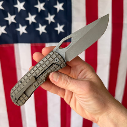 McNees Frag Dixon Frame Lock Knife, Bronze Anodized Titanium, Atomic Stonewash MagnaCut Blade – Made in USA (2366)