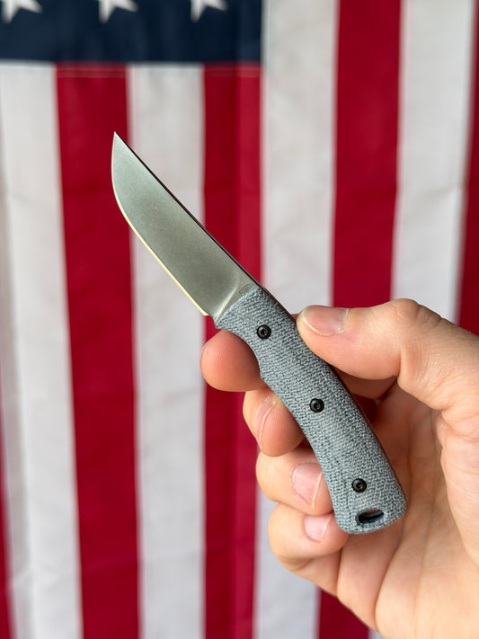 TRM Tagalong Special Edition DLC Fixed Blade Knife – MagnaCut, Blue Denim Micarta Scales, Black Leather Sheath – Made in USA