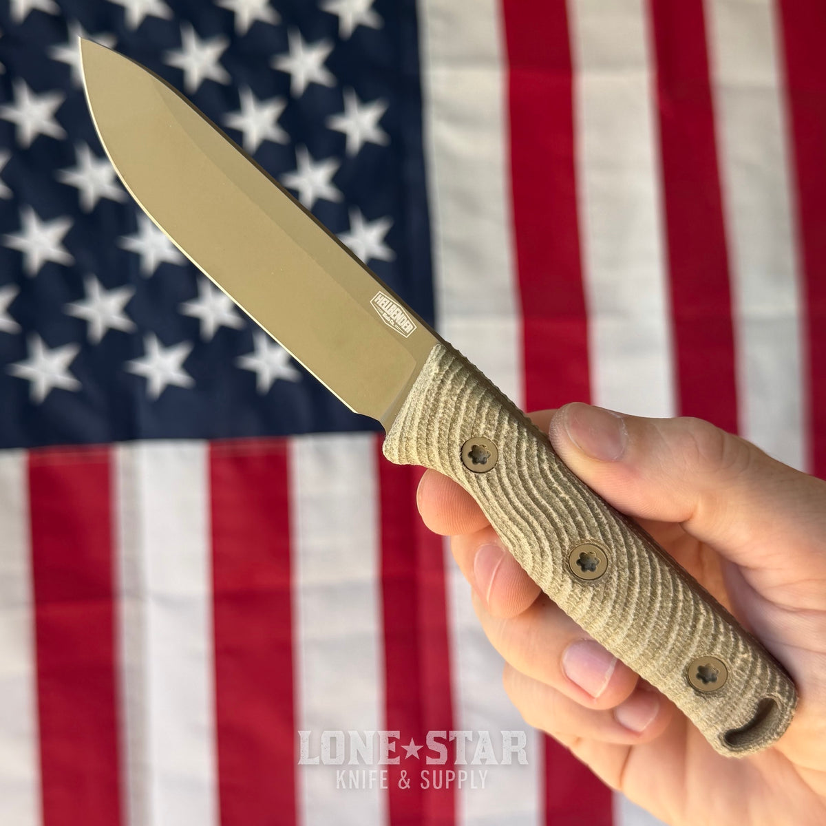 Hellbender Mudpup 4, 3.75" CPM-MagnaCut Drop Point, Coyote Cerakote, OD Green Canvas Micarta, Leather Sheath, Made in USA (HB-MUDPUP4-COY-OD-LTHR)