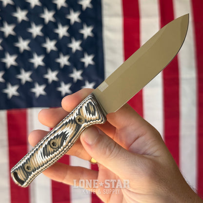 Hellbender Mudpup 4, 3.75" CPM-MagnaCut Drop Point, Coyote Cerakote, Multicolored G10, Leather Sheath, Made in USA (HB-MUDPUP4-COY-TRI-LTHR)