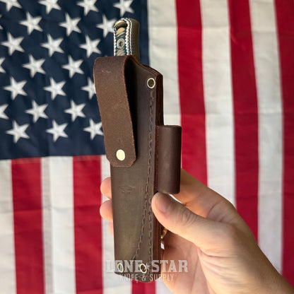 Hellbender Mudpup 4, 3.75" CPM-MagnaCut Drop Point, Coyote Cerakote, Multicolored G10, Leather Sheath, Made in USA (HB-MUDPUP4-COY-TRI-LTHR)