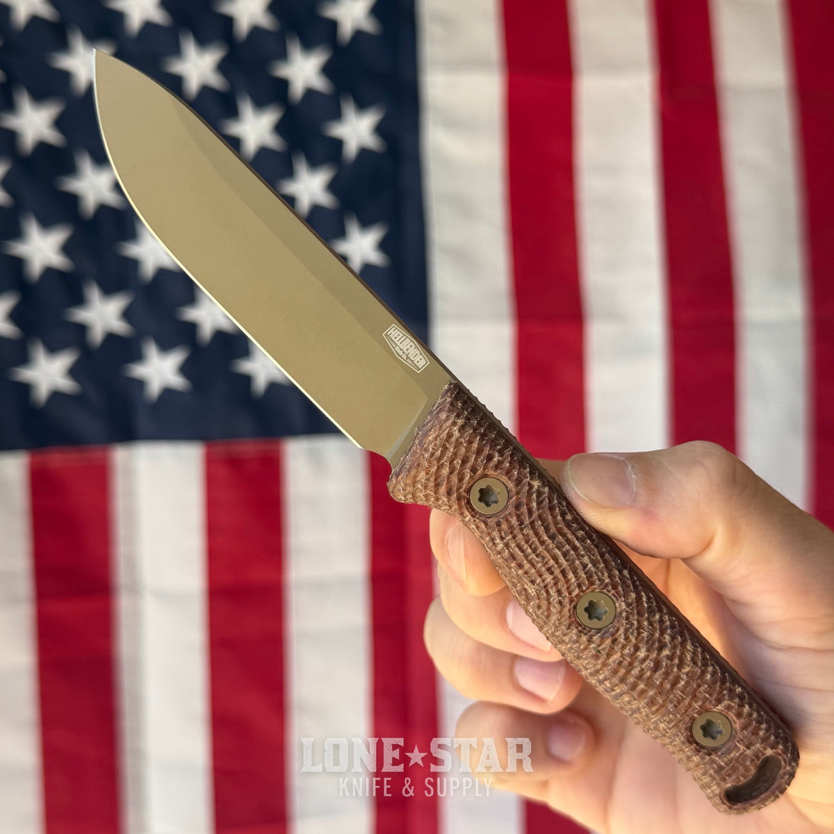 Hellbender Mudpup 4, 3.75" CPM-MagnaCut Drop Point, Coyote Cerakote, Burlap Micarta, Leather Sheath, Made in USA (HB-MUDPUP4-COY-BURLAP-LTHR)