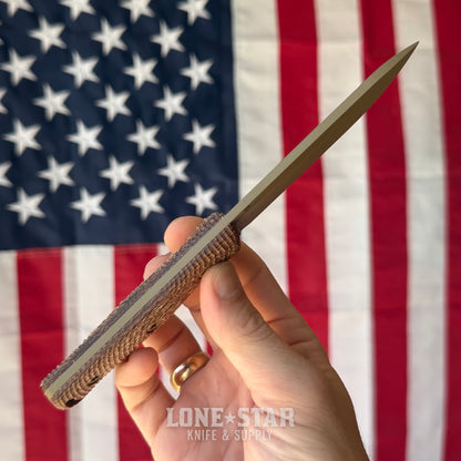 Hellbender Mudpup 4, 3.75" CPM-MagnaCut Drop Point, Coyote Cerakote, Burlap Micarta, Leather Sheath, Made in USA (HB-MUDPUP4-COY-BURLAP-LTHR)