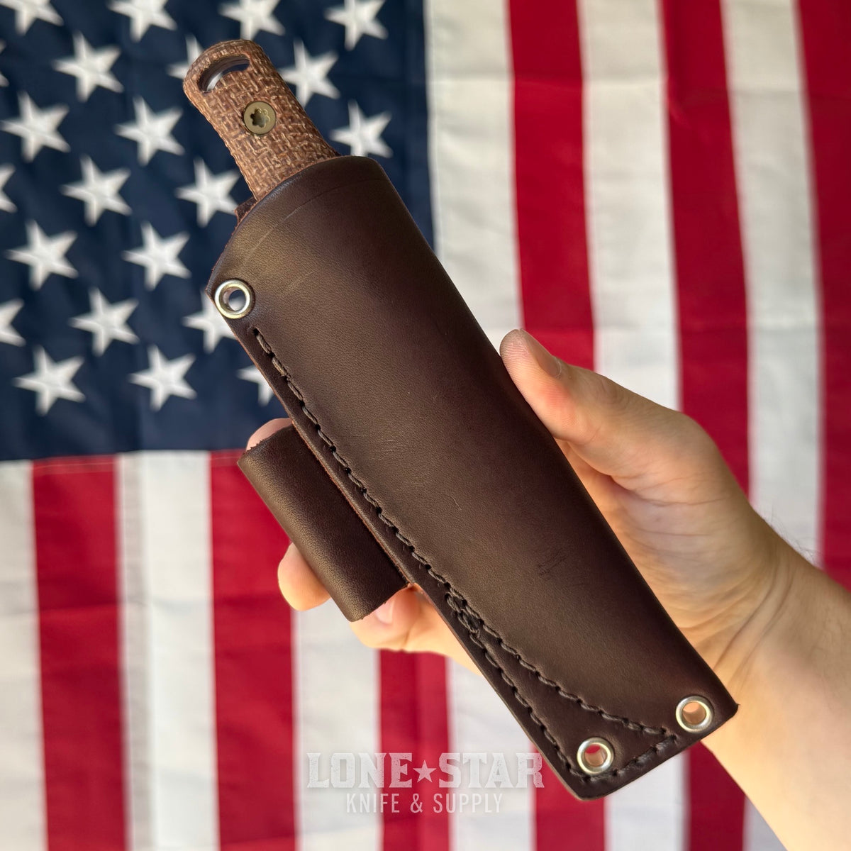 Hellbender Mudpup 4, 3.75" CPM-MagnaCut Drop Point, Coyote Cerakote, Burlap Micarta, Leather Sheath, Made in USA (HB-MUDPUP4-COY-BURLAP-LTHR)
