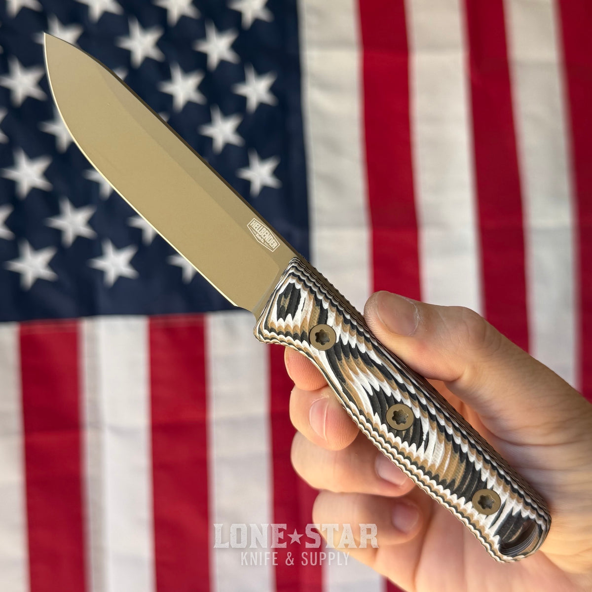 Hellbender Mudpup 4, 3.75" CPM-MagnaCut Drop Point, Coyote Cerakote, Multicolored G10, Kydex Sheath, Made in USA (HB-MUDPUP4-COY-TRI-KY)