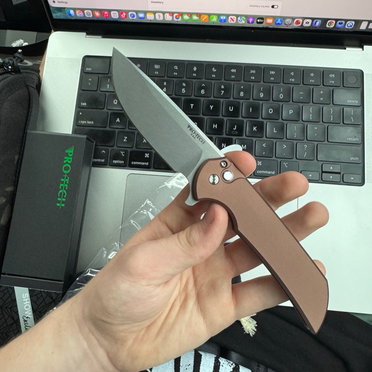 Pro-Tech Mordax 3.75" Button Lock Flipper – Solid Brown Handle, MagnaCut Stonewash, White Pearl Button – Serialized/100 – Made in USA (BSA26.Mordax.1)