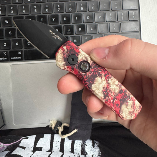 Pro-Tech Runt R5303 Crimson Tiger Camo – Custom Anodized Handle, DLC Black MagnaCut Wharncliffe – Serialized/60 – Made in USA (R5303-CTC)