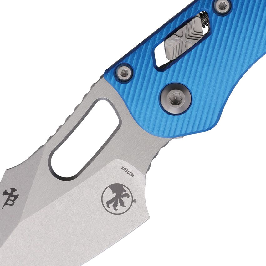 Microtech Stitch Ram‑Lok Knife – Blue Fluted Aluminum Handle, M390 MK Blade (Stonewash), RAM‑LOK Bar Lock – Made in USA (MCT18250 / 169RL‑10FLBL)