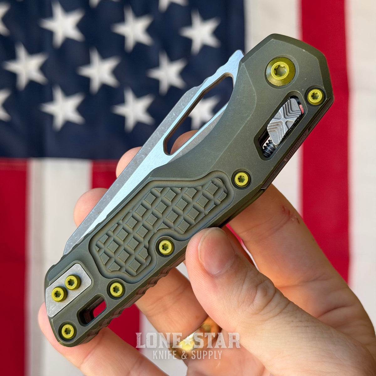 The Back Door: Microtech MSI Ram Lok Full Size - 3.9" M390MK Sheepsfoot, Distressed Grenade Green Aluminum - Made in USA (MCT21010FRDGGU25) (Trade In)