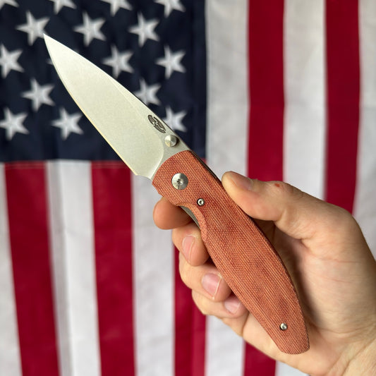 The Back Door: TRM ATOM LL - Autumn Orange Micarta 3D Contoured Smooth, MagnaCut Blade (Return)