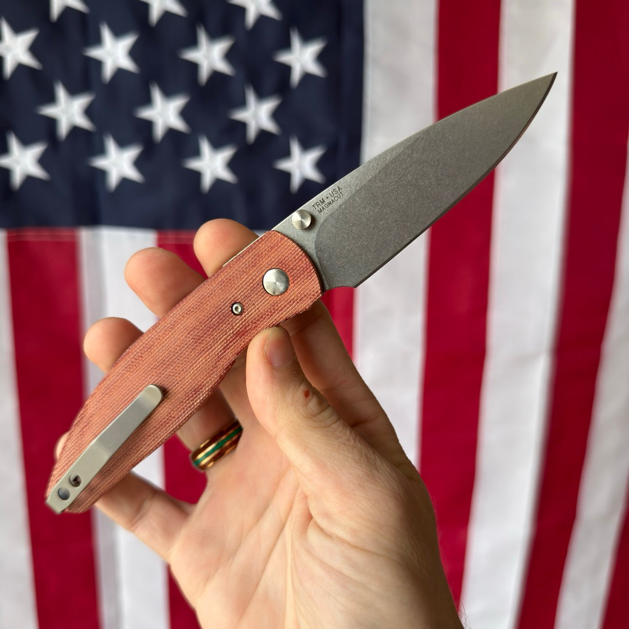 The Back Door: TRM ATOM LL - Autumn Orange Micarta 3D Contoured Smooth, MagnaCut Blade (Return)
