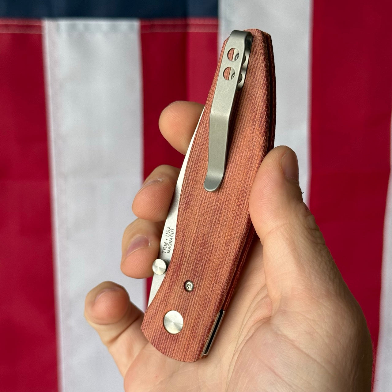 The Back Door: TRM ATOM LL - Autumn Orange Micarta 3D Contoured Smooth, MagnaCut Blade (Return)