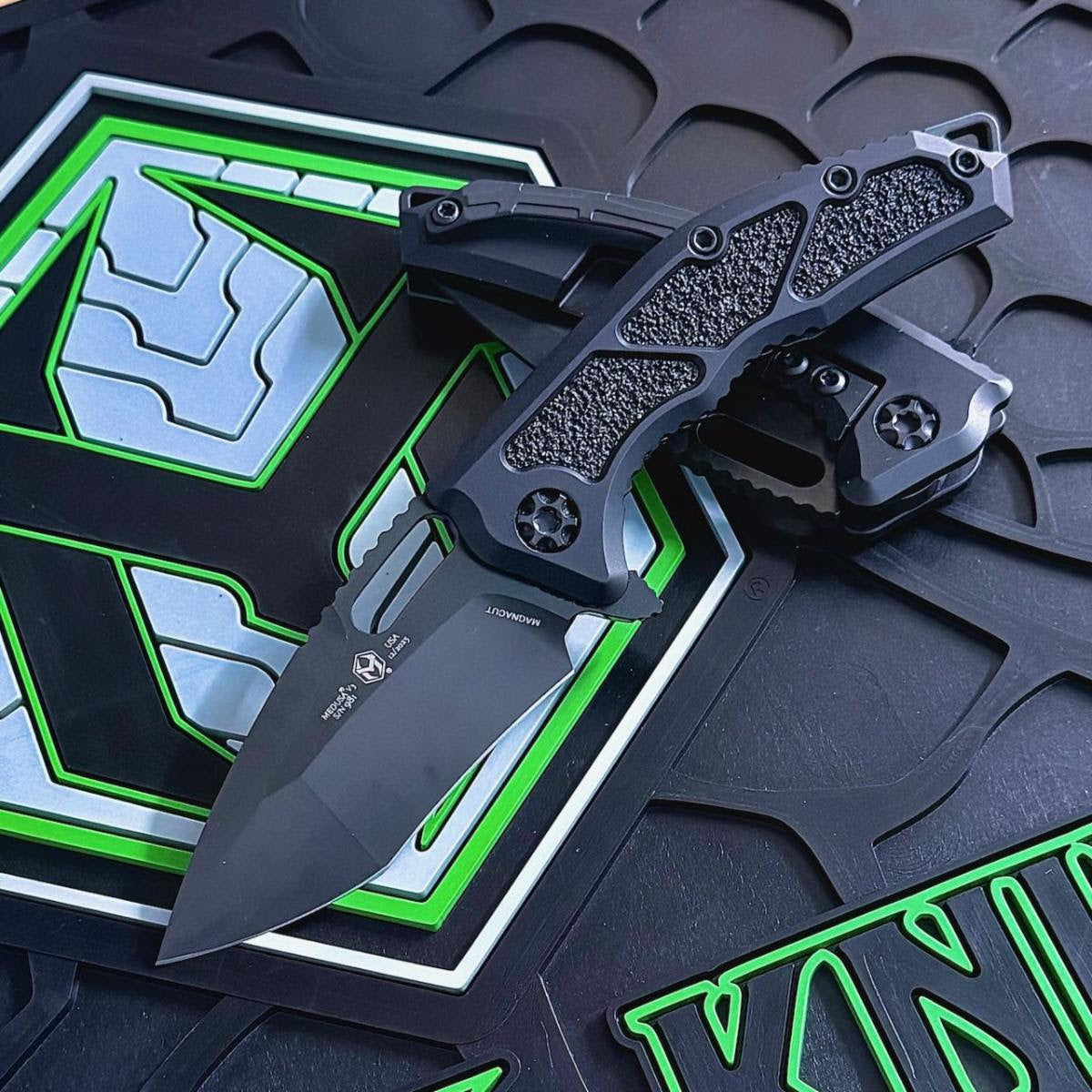 Heretic Medusa Recurve Manual Tactical 3.25 inch MagnaCut Recurve Knife, DLC Blade, Black Aluminum Handle – Made in USA (H010-6A-T)