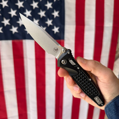 Microtech SOCOM Elite RAM-LOK™ Knife, Stonewash Clip Point Blade, Black Frag Aluminum Handle, 3.8″, Made in USA (160RL-10FR)