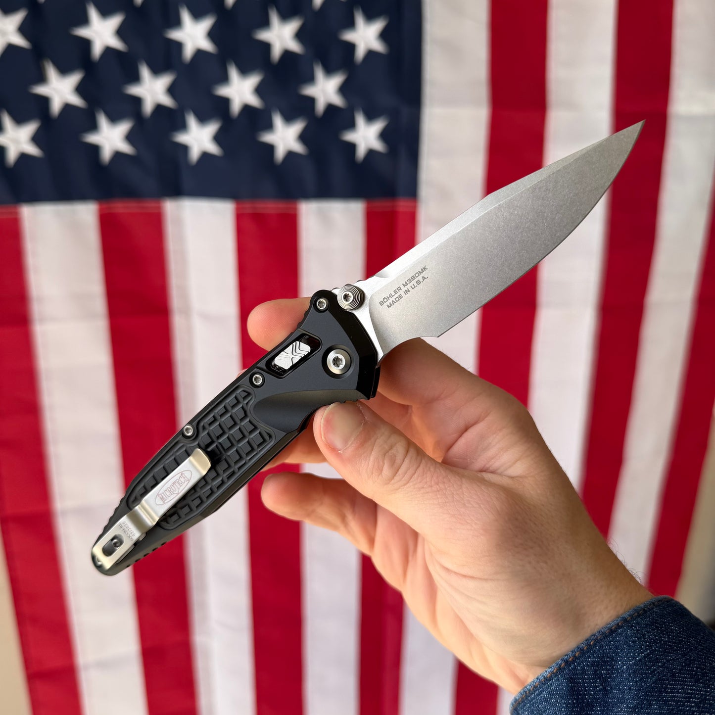 Microtech SOCOM Elite RAM-LOK™ Knife, Stonewash Clip Point Blade, Black Frag Aluminum Handle, 3.8″, Made in USA (160RL-10FR)