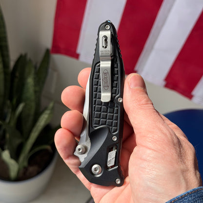 Microtech SOCOM Elite RAM-LOK™ Knife, Stonewash Clip Point Blade, Black Frag Aluminum Handle, 3.8″, Made in USA (160RL-10FR)