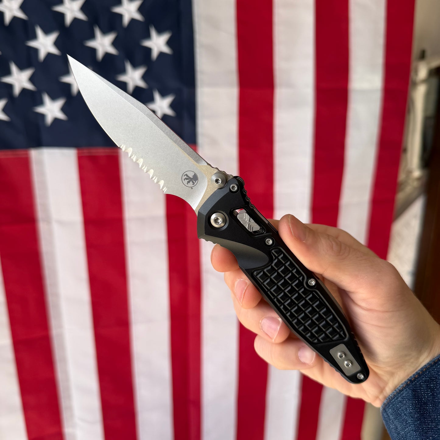 Microtech SOCOM Elite RAM-LOK™ Knife, Partially Serrated Stonewash Clip Point Blade, Black Frag Aluminum Handle, 3.8″, Made in USA (160RL-11FR)