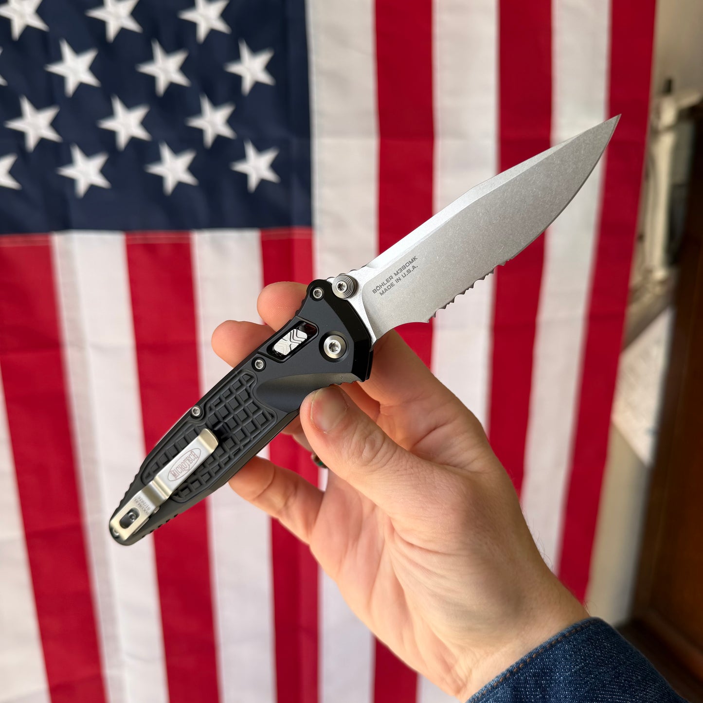Microtech SOCOM Elite RAM-LOK™ Knife, Partially Serrated Stonewash Clip Point Blade, Black Frag Aluminum Handle, 3.8″, Made in USA (160RL-11FR)