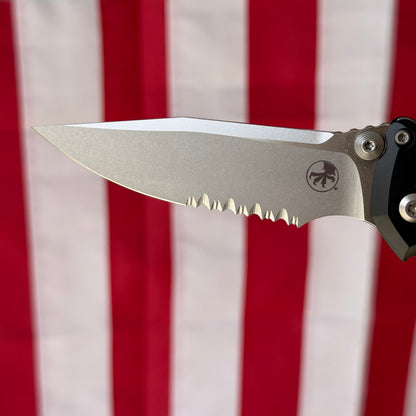 Microtech SOCOM Elite RAM-LOK™ Knife, Partially Serrated Stonewash Clip Point Blade, Black Frag Aluminum Handle, 3.8″, Made in USA (160RL-11FR)