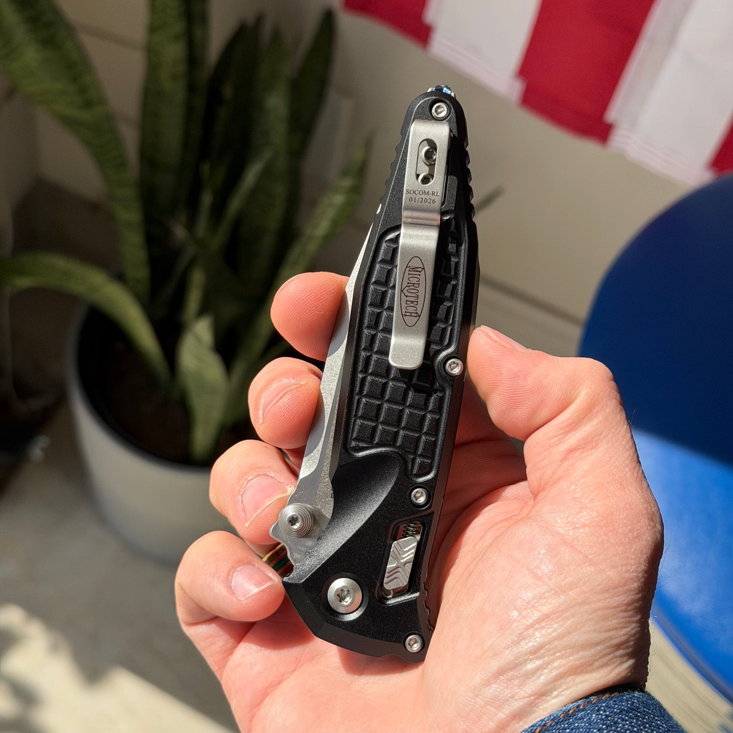 Microtech SOCOM Elite RAM-LOK™ Knife, Partially Serrated Stonewash Clip Point Blade, Black Frag Aluminum Handle, 3.8″, Made in USA (160RL-11FR)