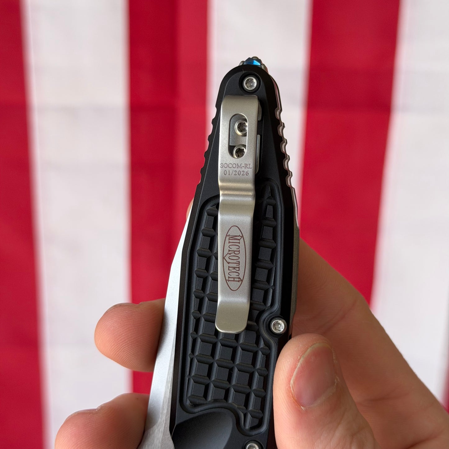 Microtech SOCOM Elite RAM-LOK™ Knife, Partially Serrated Stonewash Clip Point Blade, Black Frag Aluminum Handle, 3.8″, Made in USA (160RL-11FR)
