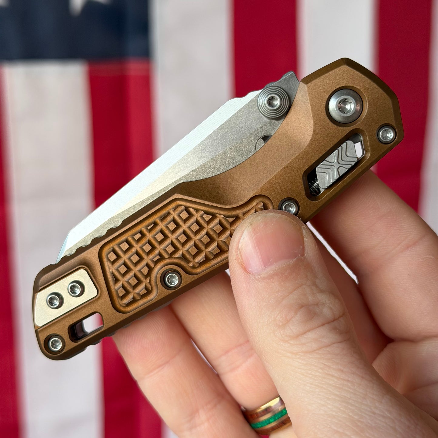 Microtech MSI Mini RAM-LOK Knife, Stonewash Finish, Standard Frag Tan Aluminum, 3.25″ Blade, Made in USA (210M-10FRTA)