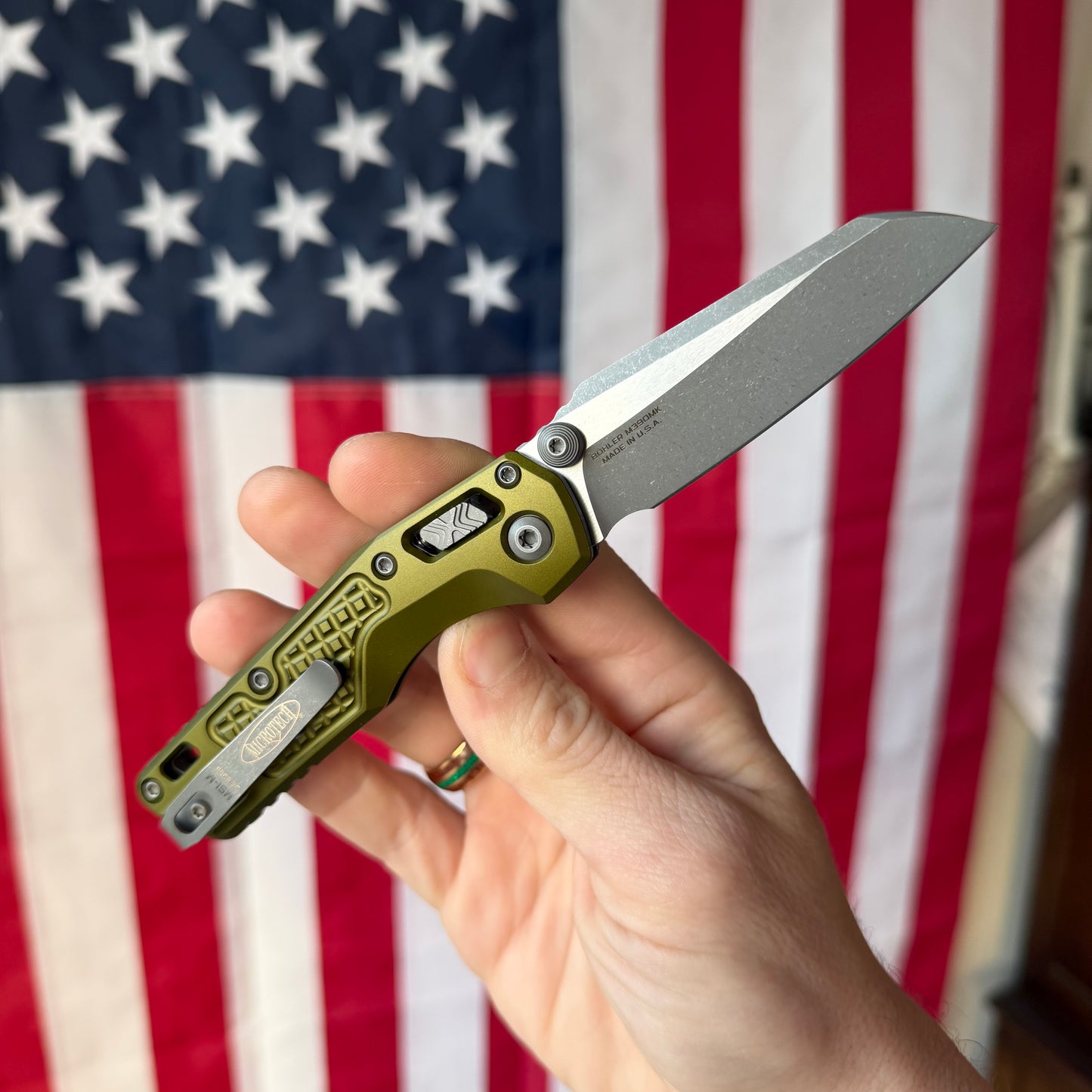 Microtech MSI Mini RAM-LOK Knife, OD Green Aluminum Frag Handle, Apocalyptic Finish, 3.25″ M390MK Blade, Made in USA (210M-10APFROD)