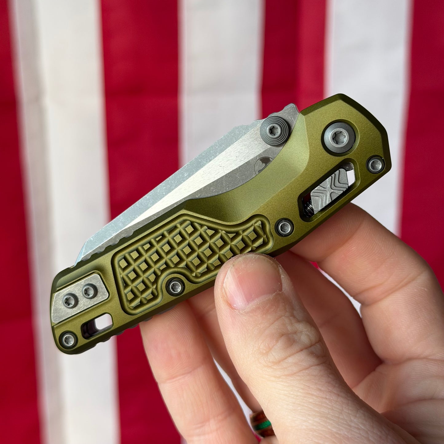Microtech MSI Mini RAM-LOK Knife, OD Green Aluminum Frag Handle, Apocalyptic Finish, 3.25″ M390MK Blade, Made in USA (210M-10APFROD)